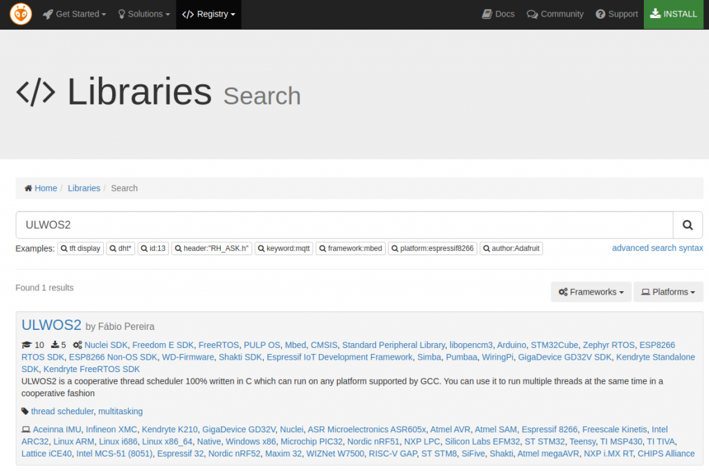 An image showing ULWOS2 library available on PlatformIO registry
